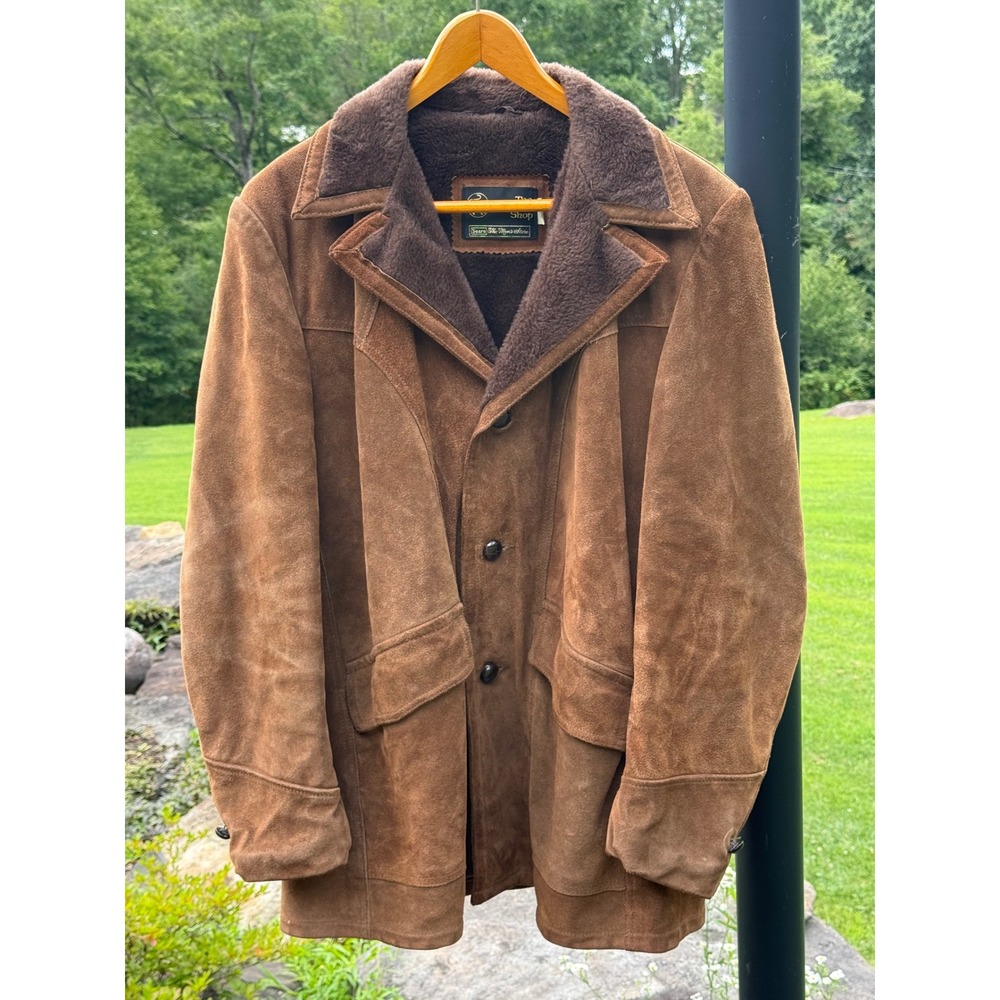 Vintage Sears The Leather Shop Suede Jacket Brown Faux Fur Lined Western Coat 44